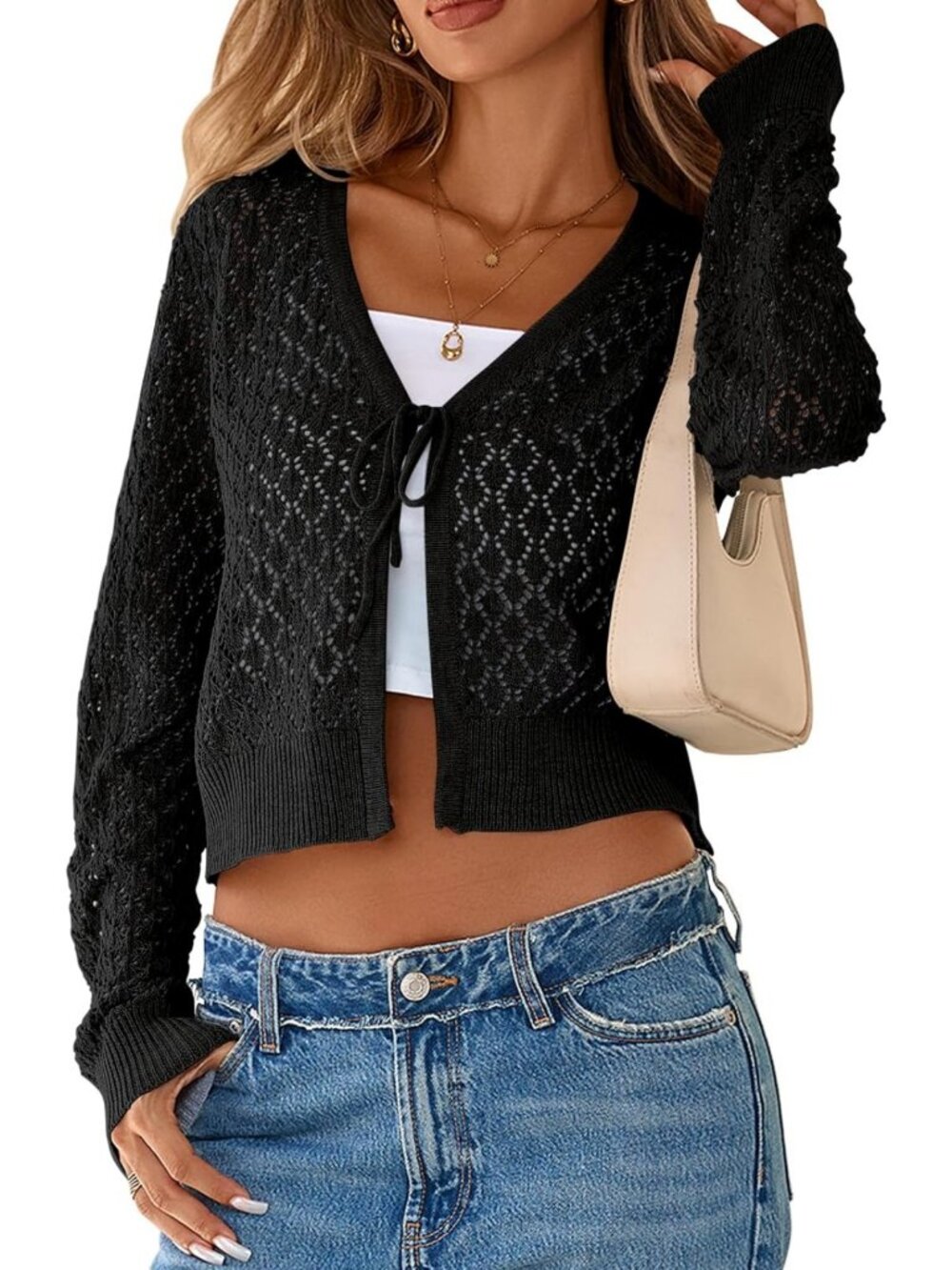 Chic Women's Cropped Cardigan with Tie Front, Long Sleeve Crochet Shrug